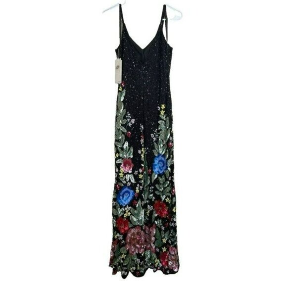 Mac Duggal $798 Black Sequins Floral Maxi Dress Formal Beaded Gown Size 4 NWT - Picture 8 of 12